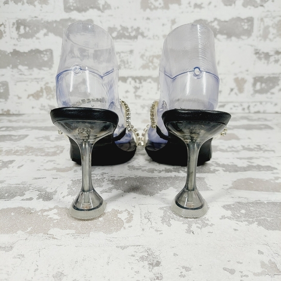 CHASE & CHLOE Double Rhinestone Pyramid Heel Sandal In Black Silver E92 - Picture 4 of 10